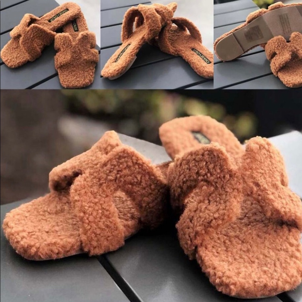 NEW Sherpa Faux Shearling H Band Slides Slip On Slipper Sandals Shoes Camel Tan - Picture 3 of 6